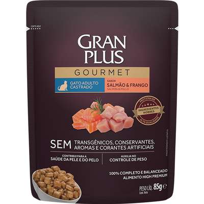 Ração Úmida GranPlus Gourmet Sachê para Gatos Castrados |  Salmão & Frango 85g cx 18un