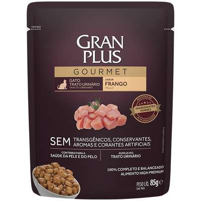 Ração Úmida Gran Plus Sachê Gourmet Trato Urinário para Gatos Adultos |  Frango 85g cx 18un